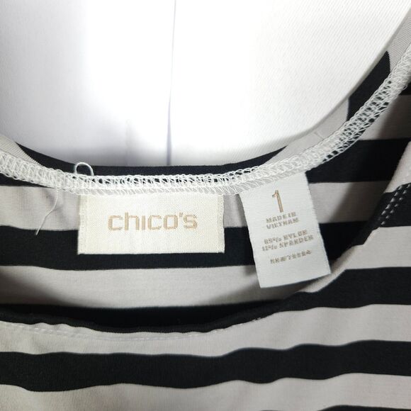 Chico's Sz 1 Womens 8 Black White Striped Sleeveless Nylon Stretch Tank Top - Picture 2 of 5